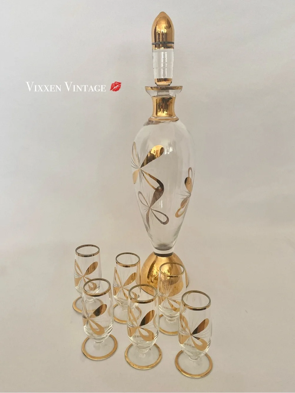 VINTAGE 1960'S MCM GOLD RIMMED DECANTER CORDIAL 7-PIECE SET